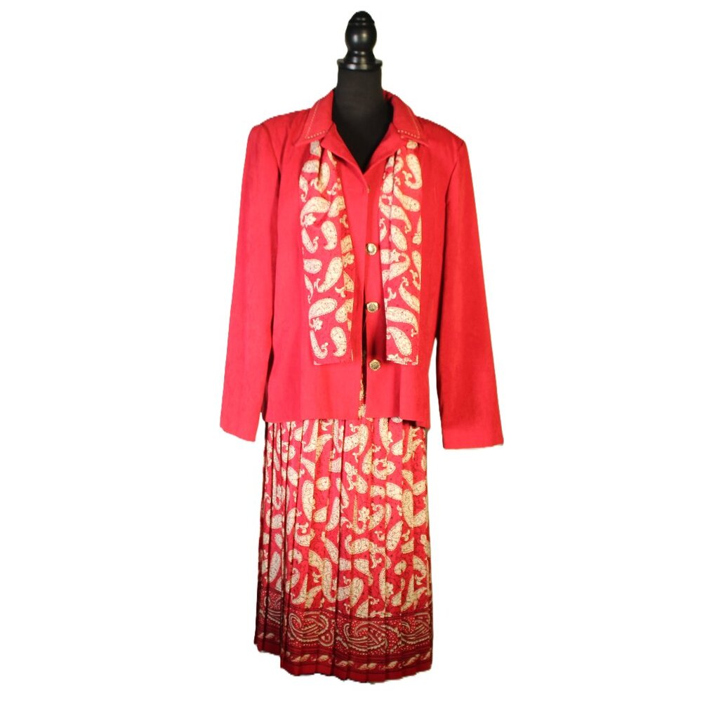 Vibrant Red Jacket and Skirt with Scarf by Leslie Fay, Size 18